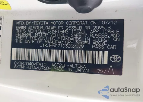 2013 Scion Tc из США, поврежденный, VIN JTKJF5C71D3052579